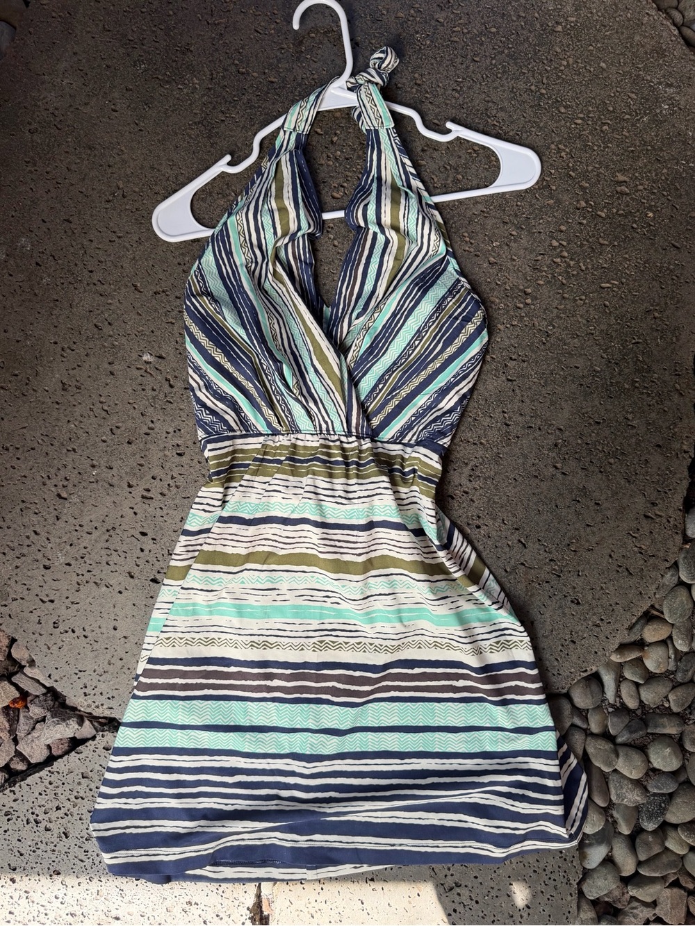 Striped Halter Summer Dress in Navy, Mint & Olive